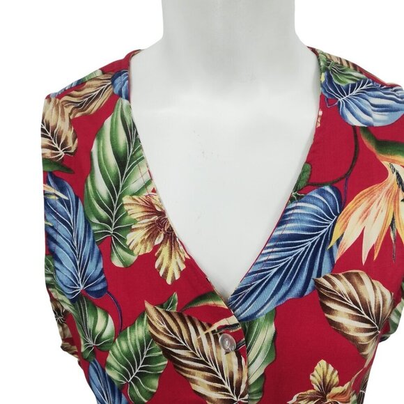 Vintage Confetti Hawaiian Floral Print Vest Sleeveless Shirt Size M 80s 90s Red - Picture 2 of 15